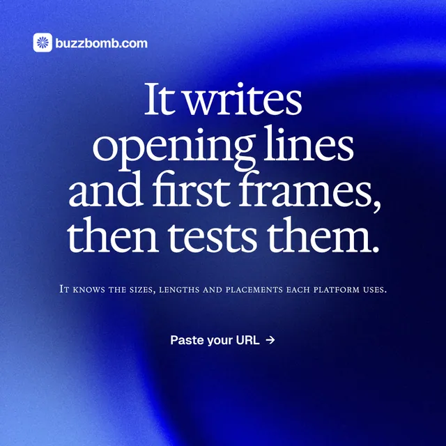 Instagram post for BuzzBomb: "It writes opening lines and first frames, then tests them." Swiss style, smallcaps layout, dark palette in blue.