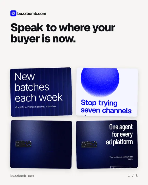 Carousel for BuzzBomb: "Speak to where your buyer is now.". Collection carousel, 8 slides, light palette.