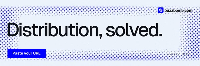 X header for BuzzBomb: "Distribution, solved." Swiss style, poster layout, light palette in white, blue.