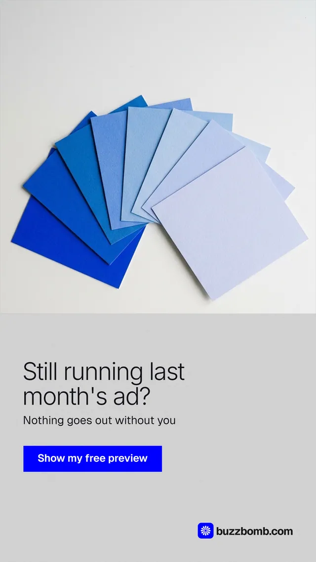 Instagram story for BuzzBomb: "Still running last month's ad?" Swiss style, bottom layout, light palette in white, blue.