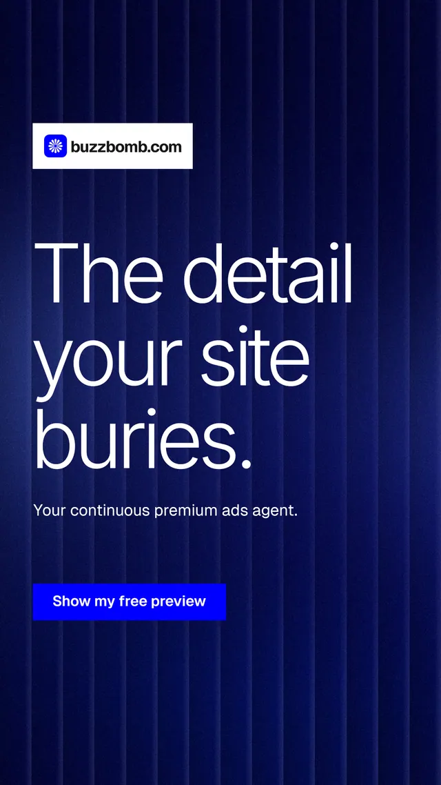 Instagram story for BuzzBomb: "The detail your site buries." Swiss style, announce layout, dark palette in black, blue.