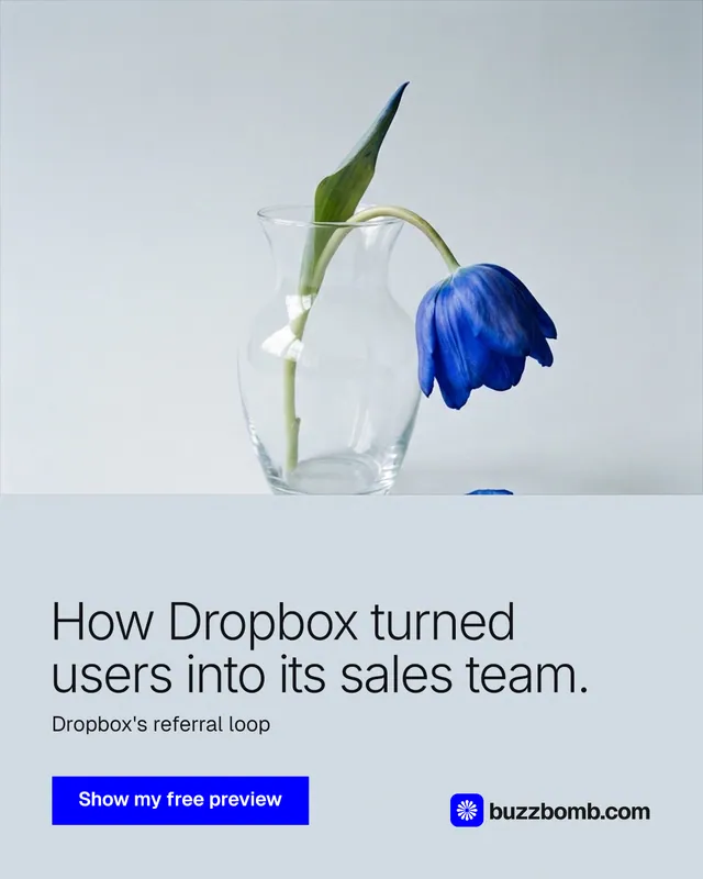 Instagram portrait post for BuzzBomb: "How Dropbox turned users into its sales team." Swiss style, bottom layout, light palette in white, blue.