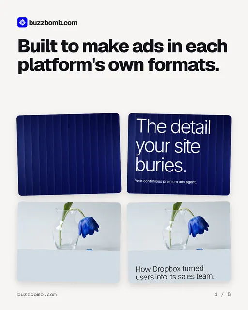Carousel for BuzzBomb: "Built to make ads in each platform's own formats.". Collection carousel, 8 slides, light palette.