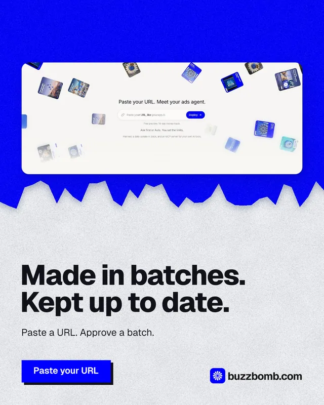 Instagram portrait post for BuzzBomb: "Made in batches. Kept up to date." Paper trio style, bottom layout, light palette in white, blue.