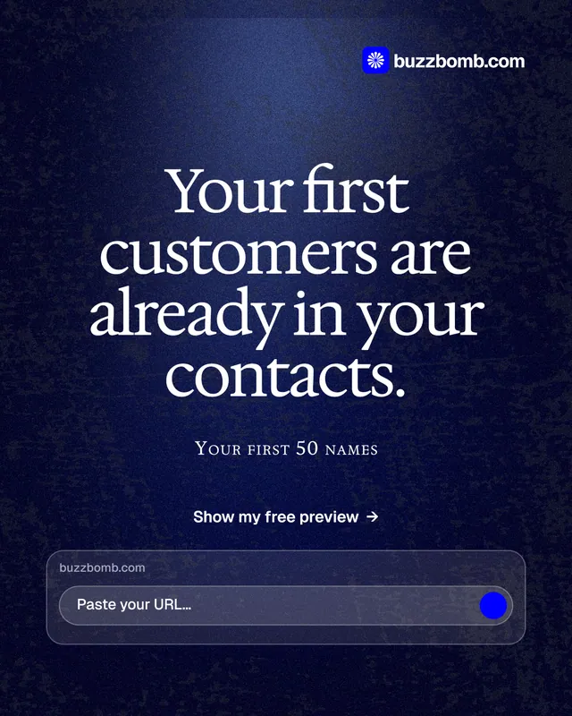 Instagram portrait post for BuzzBomb: "Your first customers are already in your contacts." Dark deco style, smallcaps layout, dark palette in blue, black.