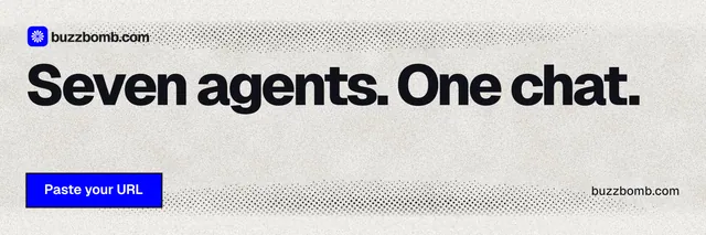 X header for BuzzBomb: "Seven agents. One chat." Ink sticker style, poster layout, light palette in white, grey.