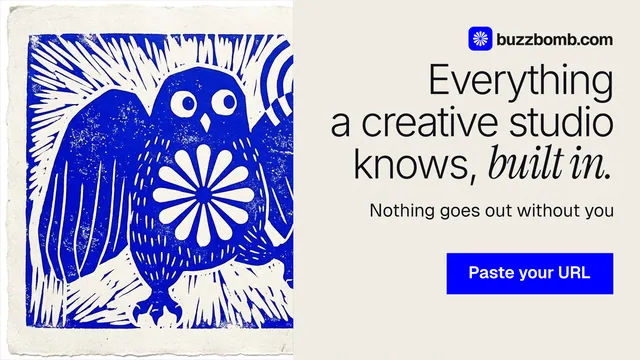 Landscape graphic for BuzzBomb: "Everything a creative studio knows, built in." Swiss style, right layout, light palette in yellow, grey, blue.