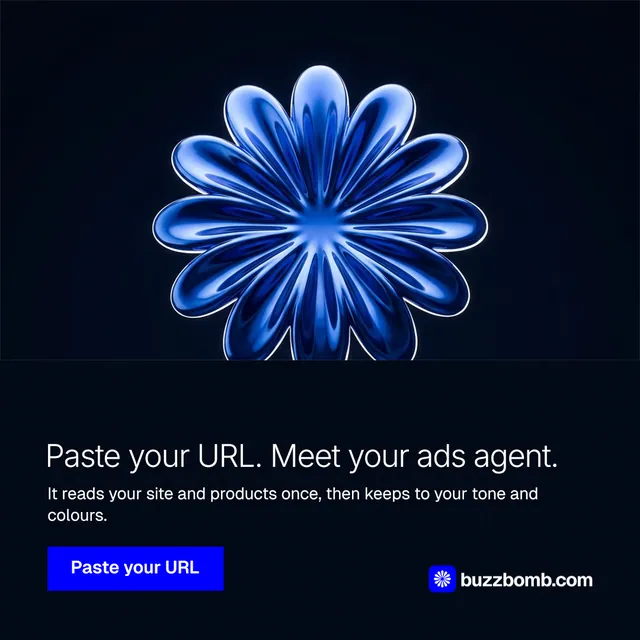 Instagram post for BuzzBomb: "Paste your URL. Meet your ads agent." Swiss style, bottom layout, dark palette in black, blue.