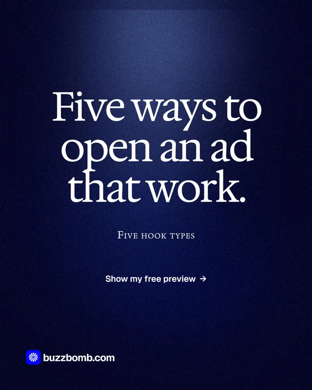 Instagram portrait post for BuzzBomb: "Five ways to open an ad that work." Dark deco style, smallcaps layout, dark palette in blue, black.