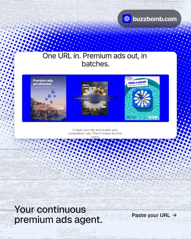 Instagram portrait post for BuzzBomb: "Your continuous premium ads agent." Swiss style, image led layout, light palette in blue, white.