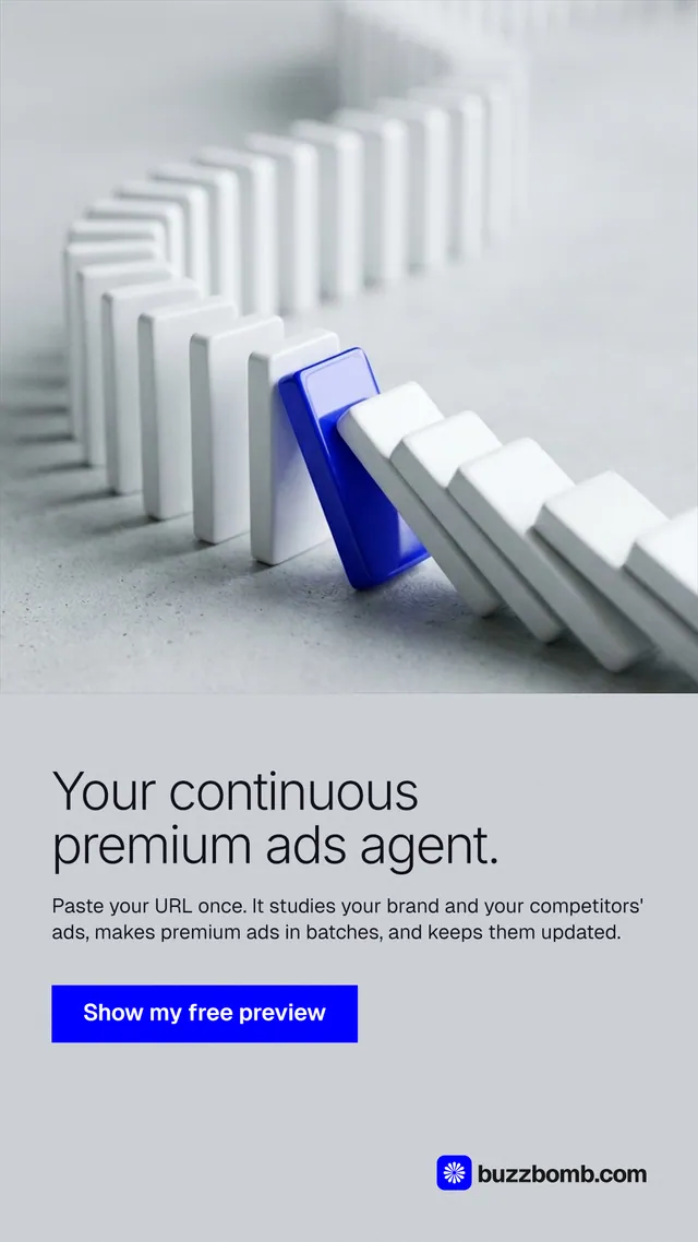 Instagram story for BuzzBomb: "Your continuous premium ads agent." Swiss style, bottom layout, light palette in white, grey.