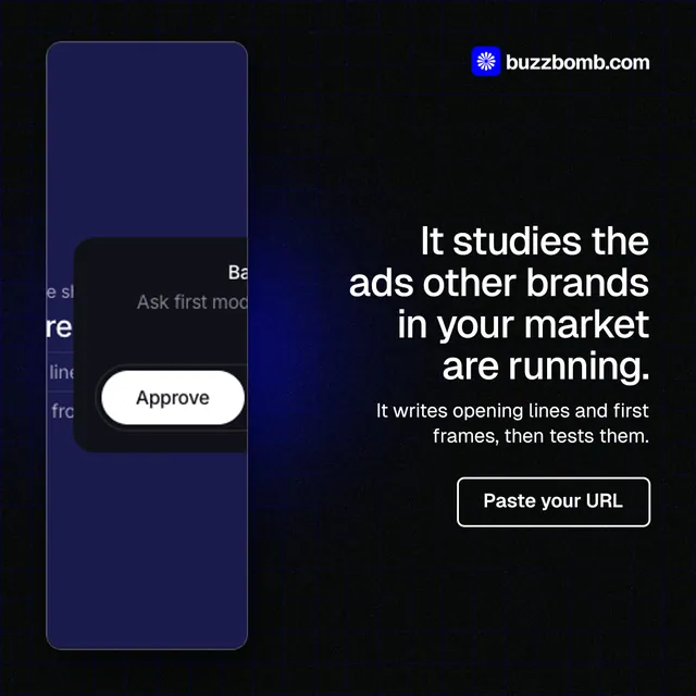 Instagram post for BuzzBomb: "It studies the ads other brands in your market are running." Phosphor atlas style, right layout, dark palette in black, blue.
