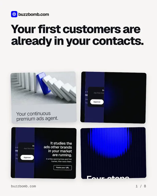 Carousel for BuzzBomb: "Your first customers are already in your contacts.". Collection carousel, 8 slides, light palette.