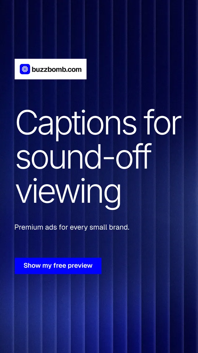 Instagram story for BuzzBomb: "Captions for sound-off viewing". Swiss style, announce layout, dark palette in blue.