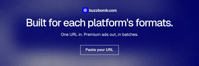 X header for BuzzBomb: "Built for each platform's formats." Cyanotype style, centred layout, dark palette in blue, grey.