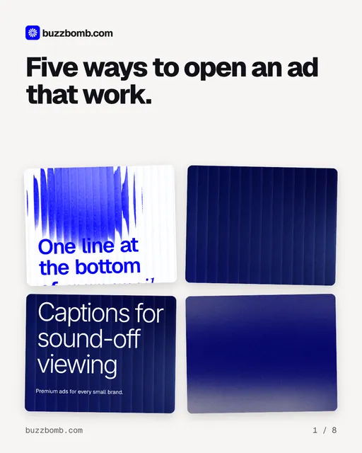 Carousel for BuzzBomb: "Five ways to open an ad that work.". Collection carousel, 8 slides, light palette.