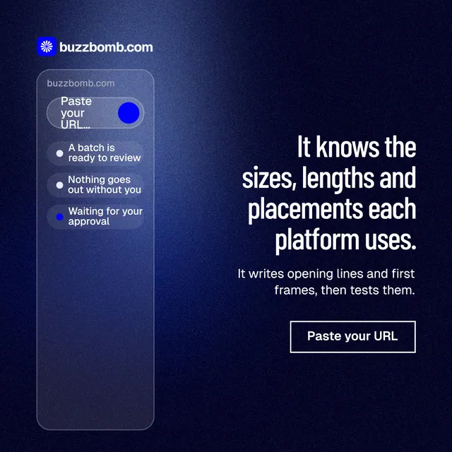 Instagram post for BuzzBomb: "It knows the sizes, lengths and placements each platform uses." Dark deco style, right layout, dark palette in blue, black.