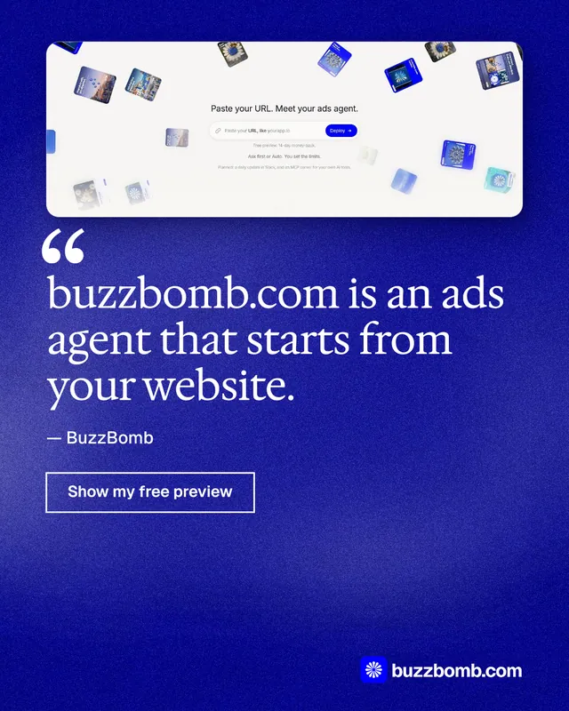 Instagram portrait post for BuzzBomb: "buzzbomb.com is an ads agent that starts from your website." Cyanotype style, quote layout, dark palette in blue.