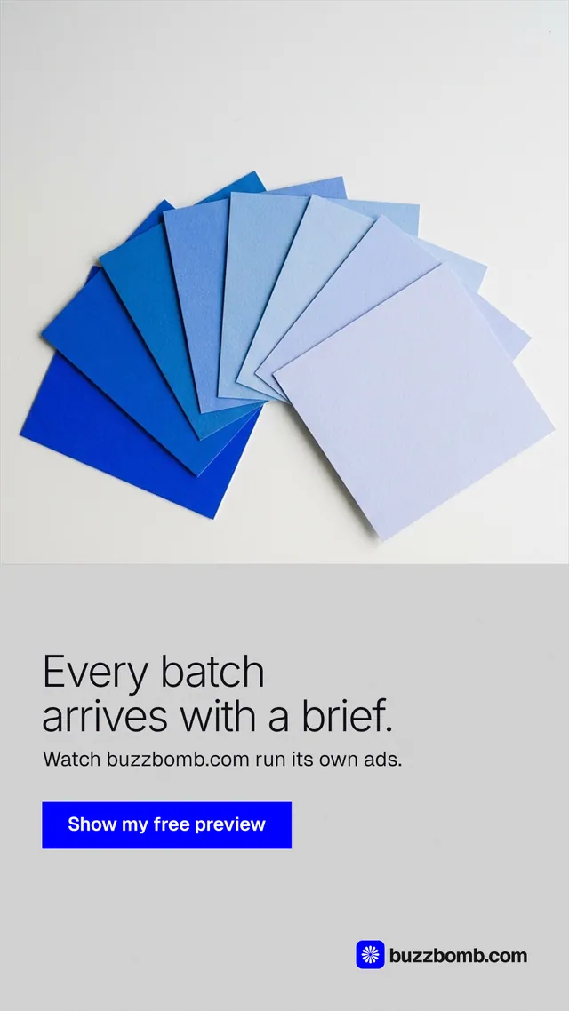 Instagram story for BuzzBomb: "Every batch arrives with a brief." Swiss style, bottom layout, light palette in white, blue.