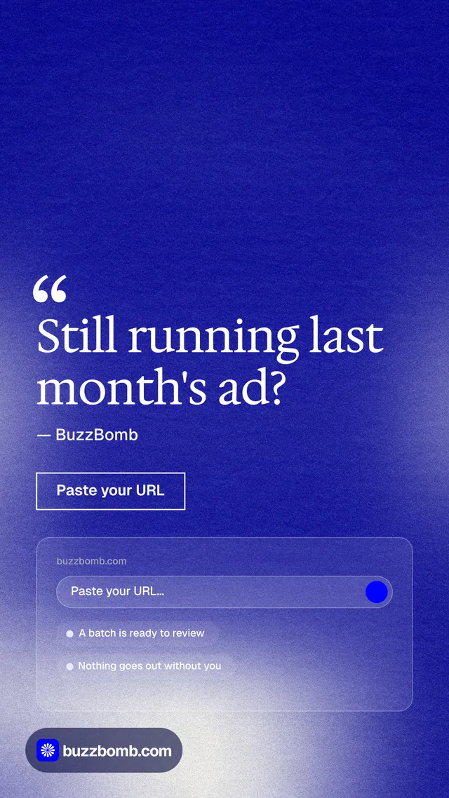 Instagram story for BuzzBomb: "Still running last month's ad?" Cyanotype style, quote layout, dark palette in blue.