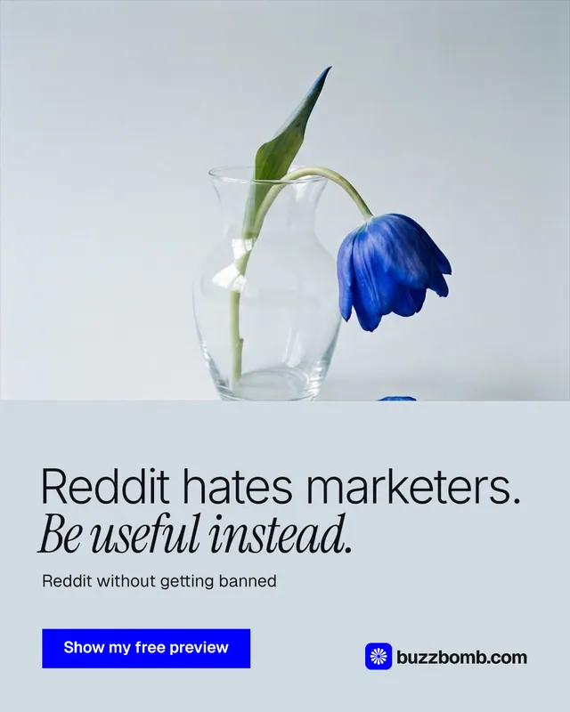 Instagram portrait post for BuzzBomb: "Reddit hates marketers. Be useful instead." Swiss style, bottom layout, light palette in white, blue.