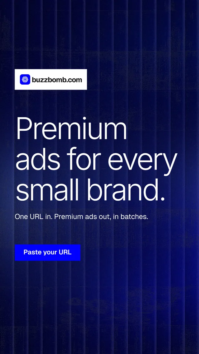 Instagram story for BuzzBomb: "Premium ads for every small brand." Swiss style, announce layout, dark palette in black, blue, grey.