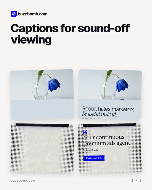 Carousel for BuzzBomb: "Captions for sound-off viewing". Collection carousel, 8 slides, light palette.