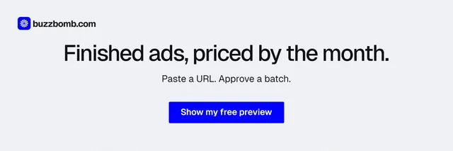X header for BuzzBomb: "Finished ads, priced by the month." Data card style, centred layout, light palette in white, blue.
