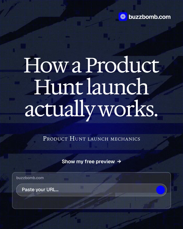 Instagram portrait post for BuzzBomb: "How a Product Hunt launch actually works." Phosphor atlas style, smallcaps layout, dark palette in blue, black, grey.