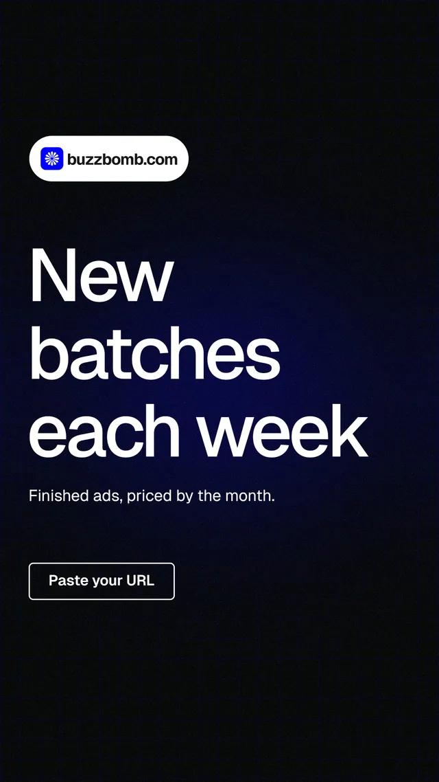 Instagram story for BuzzBomb: "New batches each week". Phosphor atlas style, announce layout, dark palette in black, grey.