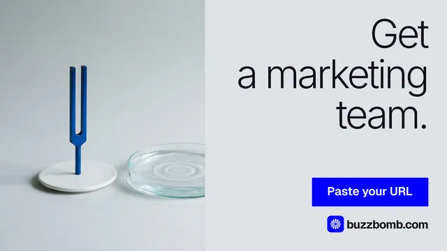 Landscape graphic for BuzzBomb: "Get a marketing team." Swiss style, right layout, light palette in white, grey, blue.