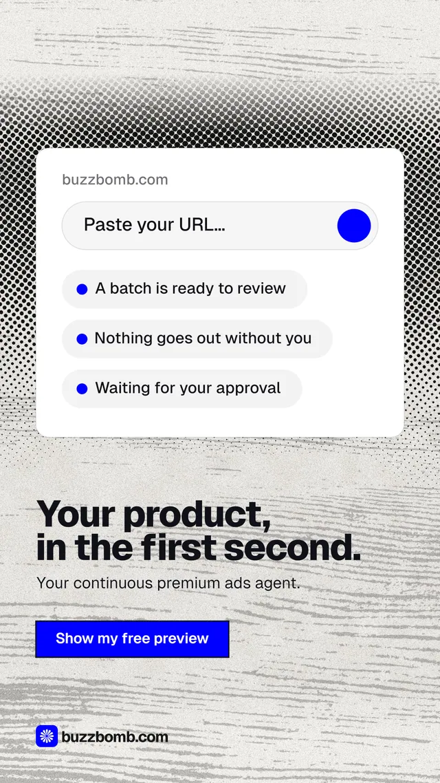Instagram story for BuzzBomb: "Your product, in the first second." Ink sticker style, bottom layout, light palette in white, grey.