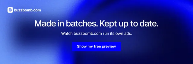 X header for BuzzBomb: "Made in batches. Kept up to date." Swiss style, centred layout, dark palette in blue.