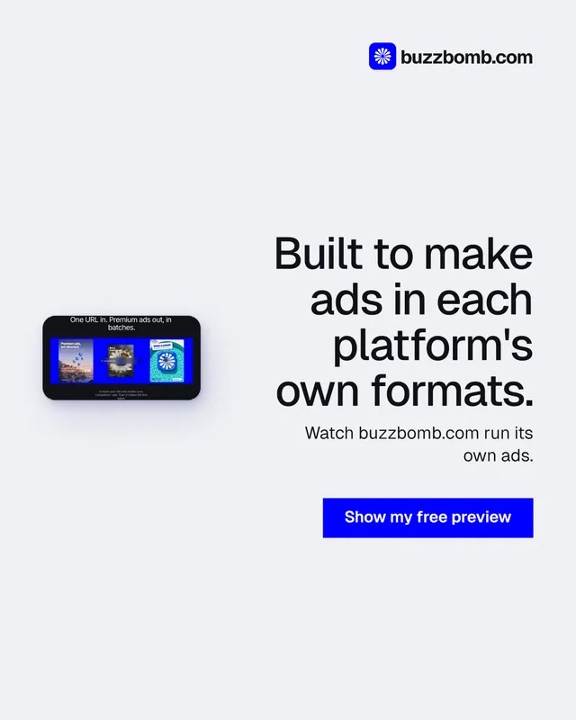 Instagram portrait post for BuzzBomb: "Built to make ads in each platform's own formats." Swiss style, right layout, light palette in white, blue.