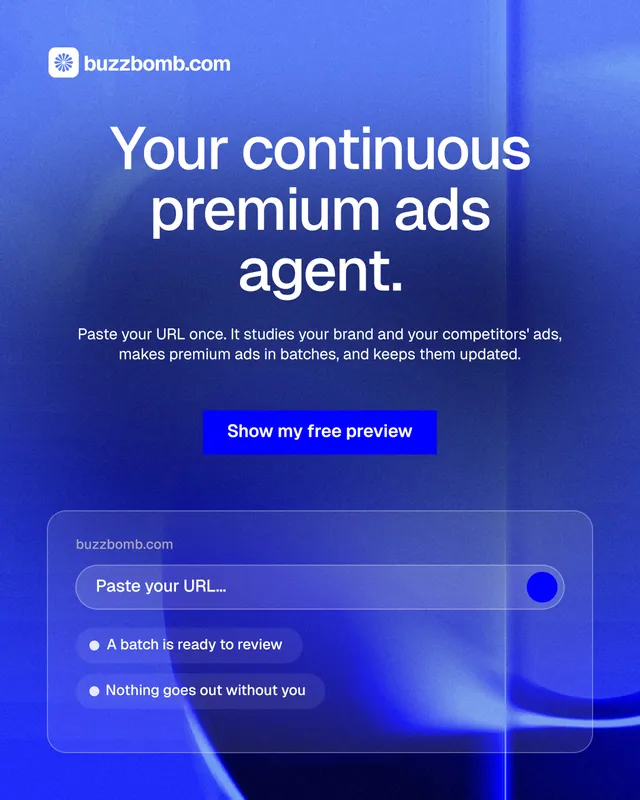 Instagram portrait post for BuzzBomb: "Your continuous premium ads agent." Swiss style, centred layout, dark palette in blue.