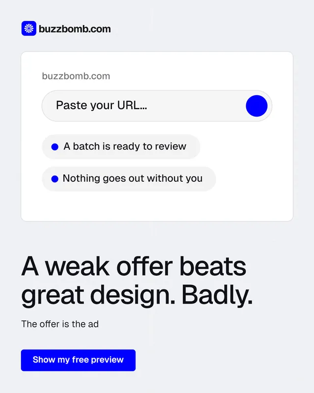 Instagram portrait post for BuzzBomb: "A weak offer beats great design. Badly." Data card style, bottom layout, light palette in white, blue.