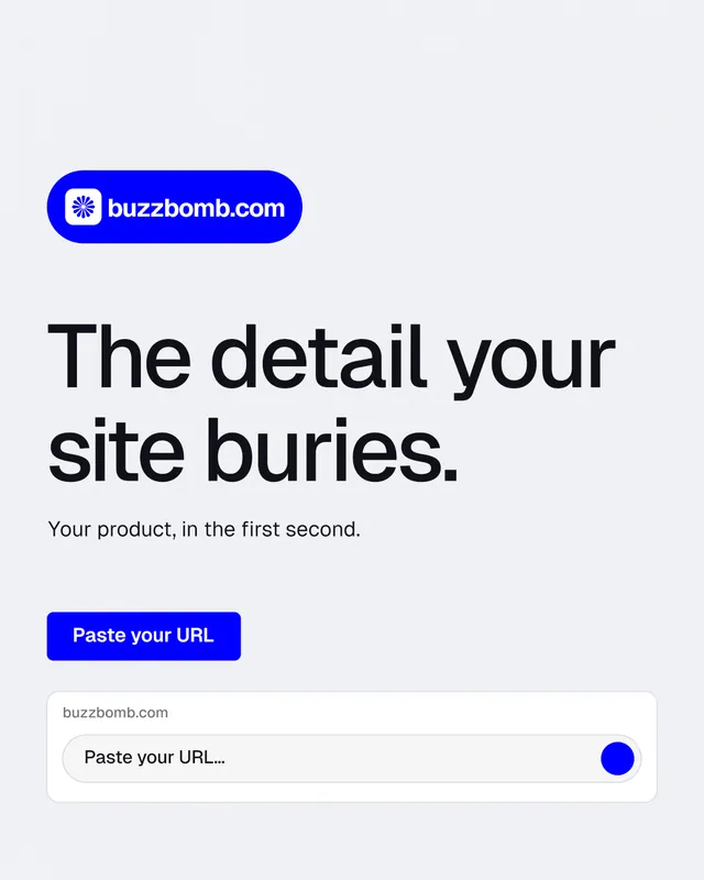 Instagram portrait post for BuzzBomb: "The detail your site buries." Data card style, announce layout, light palette in white, blue.