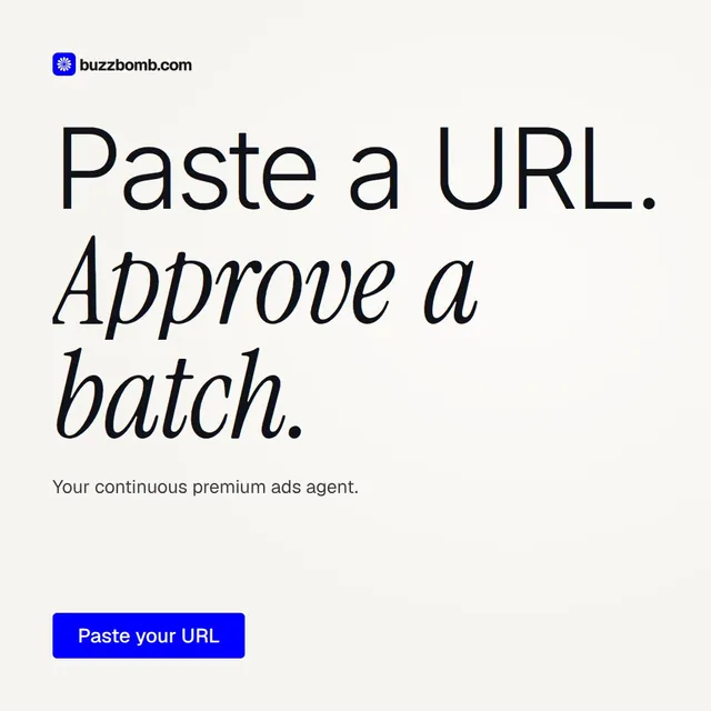 Video for BuzzBomb: "Paste a URL. Approve a batch.". Doc motion loop, 7.0 s, light palette.