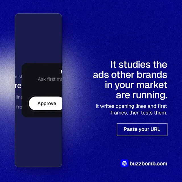 Instagram post for BuzzBomb: "It studies the ads other brands in your market are running." Cyanotype style, right layout, dark palette in blue.