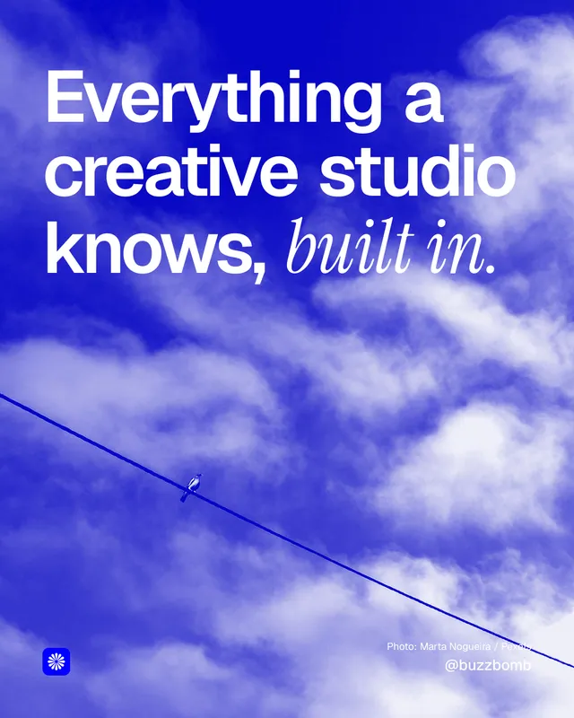 Instagram portrait post for BuzzBomb: "Everything a creative studio knows, built in." Duotone style, technique:pexels ingredient layout, light palette in blue.