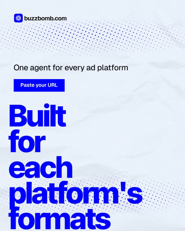 Instagram portrait post for BuzzBomb: "Built for each platform's formats." Swiss style, oversized layout, light palette in white, blue.