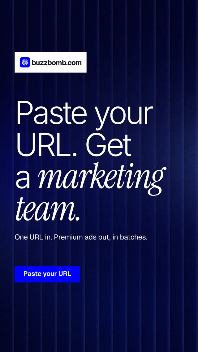 Instagram story for BuzzBomb: "Paste your URL. Get a marketing team." Swiss style, announce layout, dark palette in black, blue, grey.