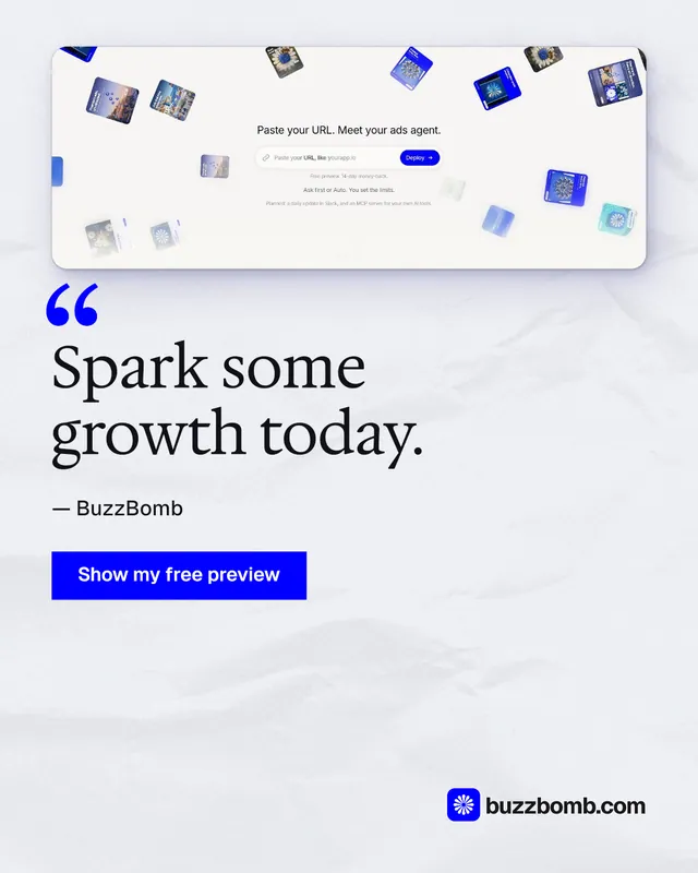 Instagram portrait post for BuzzBomb: "Spark some growth today." Swiss style, quote layout, light palette in white, blue.
