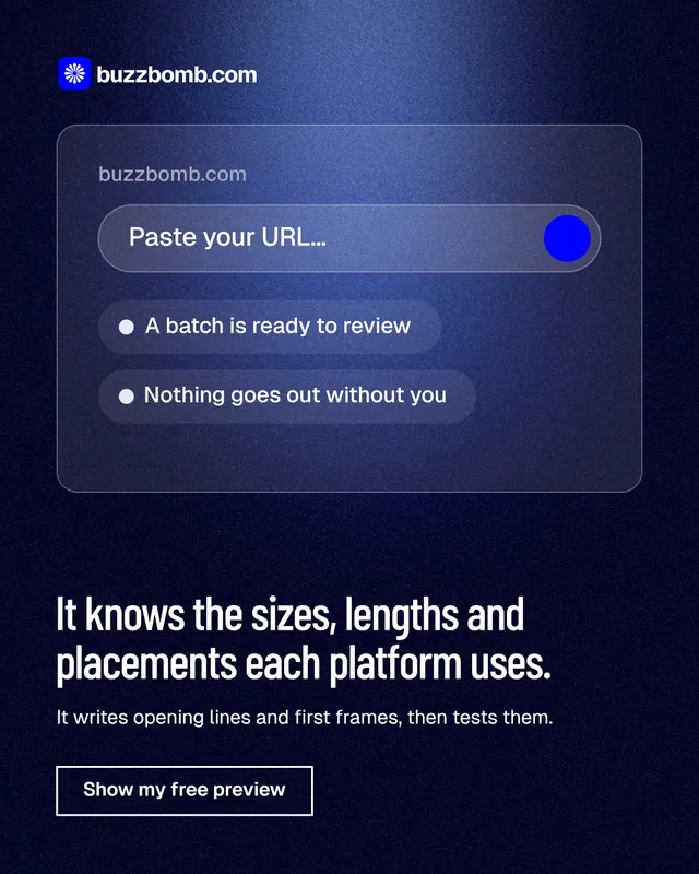 Instagram portrait post for BuzzBomb: "It knows the sizes, lengths and placements each platform uses." Dark deco style, bottom layout, dark palette in blue, black.