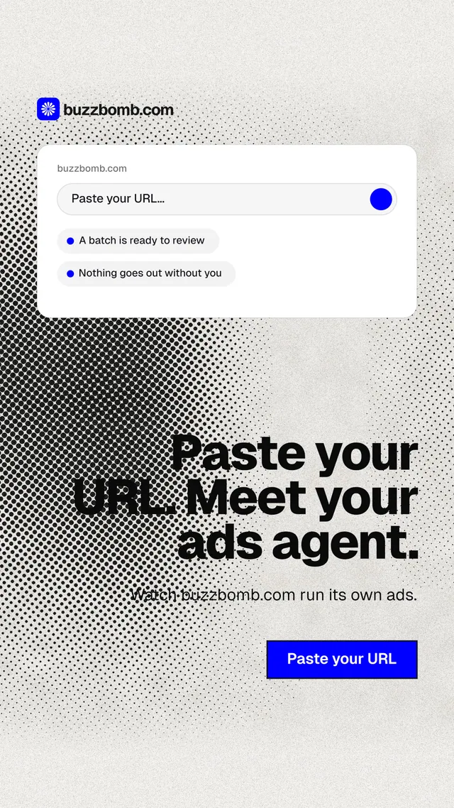 Instagram story for BuzzBomb: "Paste your URL. Meet your ads agent." Ink sticker style, right layout, light palette in white, grey.