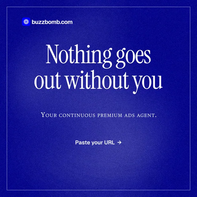 Instagram post for BuzzBomb: "Nothing goes out without you". Editorial style, smallcaps layout, dark palette in blue.