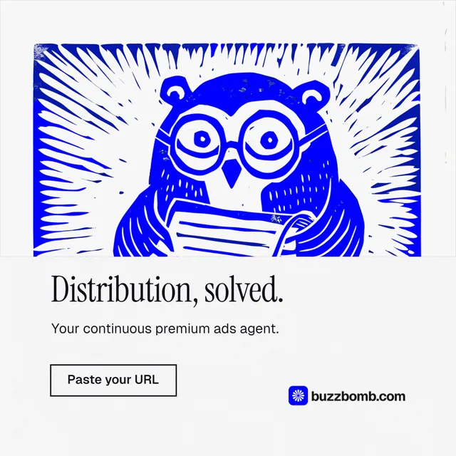 Instagram post for BuzzBomb: "Distribution, solved." Editorial style, bottom layout, light palette in white, blue.