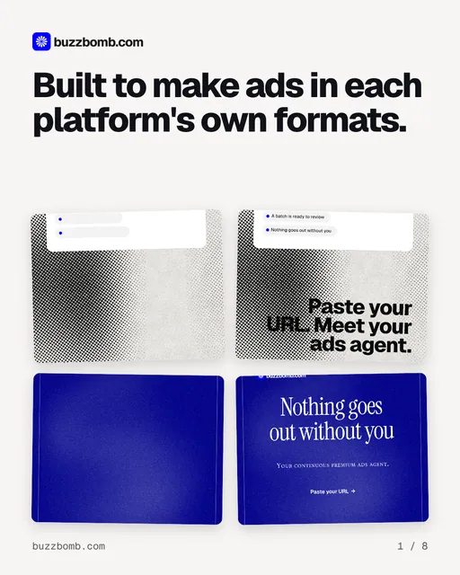 Carousel for BuzzBomb: "Built to make ads in each platform's own formats.". Collection carousel, 8 slides, light palette.