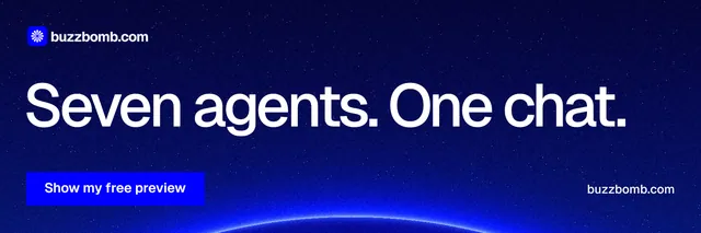 X header for BuzzBomb: "Seven agents. One chat." Swiss style, poster layout, dark palette in blue.
