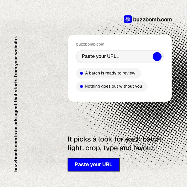 Instagram post for BuzzBomb: "buzzbomb.com is an ads agent that starts from your website." Ink sticker style, vertical layout, light palette in white, grey.